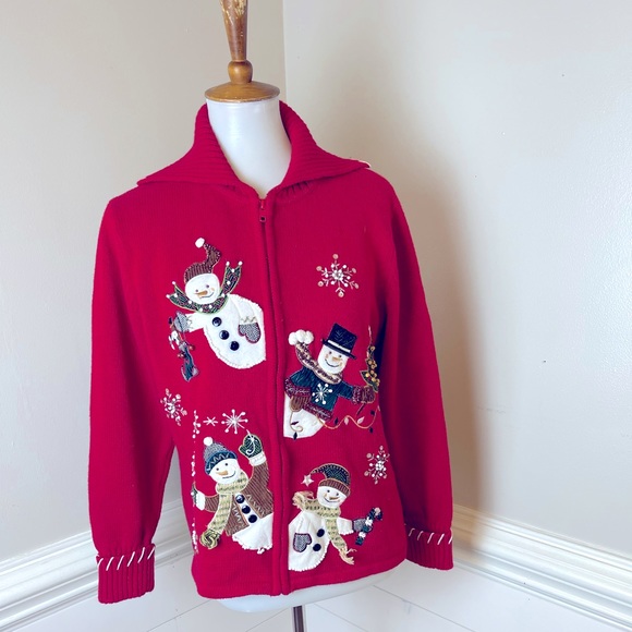 Star Blue Originals Red Cotton Snowmen Christmas Zip Front Cardigan M FREE SHIP - Picture 1 of 4